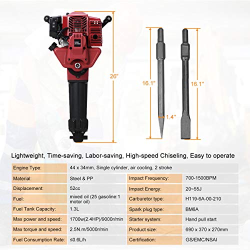 BEAMNOVA Demolition Hammer Gas Powered Demolition Drill Jack Hammer Hand-held Rock Drill with Point and Flat Chisel, Punch Single Cylinder, Gloves, Air Cooling