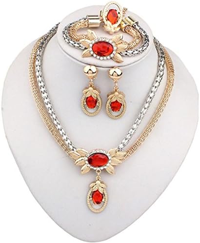 LuminosityLux Jewelry Sets, Bohemia Flower Pendant Necklace Bracelet Ring Earrings Sets, Women (Red)