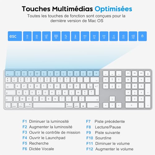OMOTON Wireless Bluetooth Keyboard for Mac, Rechargeable French AZERTY Keyboard Multi-Device with 3 Bluetooth Channels for Apple MacBook Pro/Air, Mac Pro/Mini, iMac, Silver
