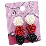 Red White Black Color Rose Magnetic Stud Earrings, Pack of 3 pairs