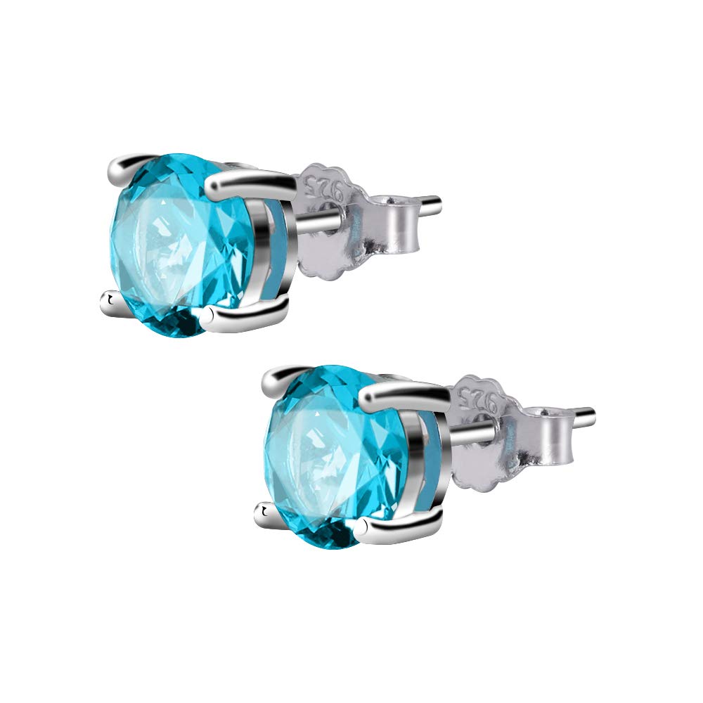 UHIBROS Sterling Silver Birthstone Stud Earrings Round Cubic Zirconia Diamond March Gifts