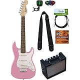 Squier by Fender Mini Strat Electric Guitar - Pink Bundle with Amplifier, Instrument Cable, Tuner, Strap, Picks, Austin Bazaar Instructional DVD, and Polishing Cloth