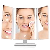 LED Lighted Makeup Mirror, Tri-fold Travel Mirror 1x/2x/3x Magnification 24-LED Vanity Mirror with Touch Dimmer, Brighter and 180-Degree Rotation, USB Cable or Battery Powered