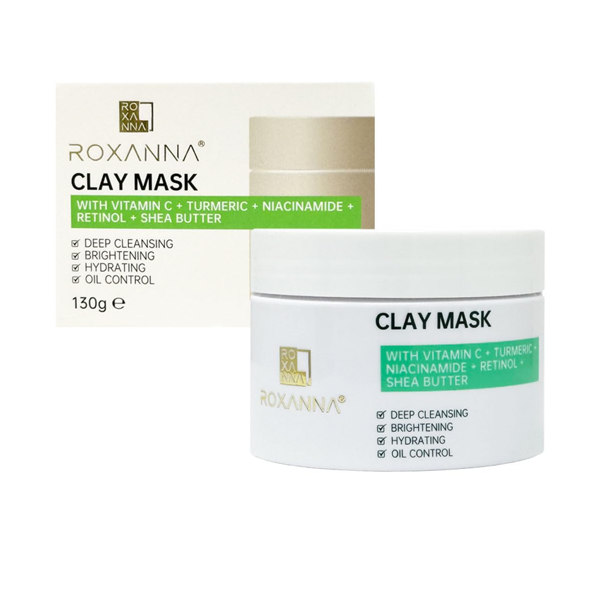 Roxanna Clay Face Mask 130g – Kaolin Clay Deep Pore Cleansing Mask with Turmeric, Vitamin C & Niacinamide – Brightening, Oil Control & Hydrating Facial Mask for All Skin Types