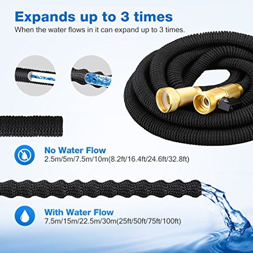 URCERI 50ft Expandable Garden Hose with 3/4 Solid Brass Fittings 8 Function Spray Nozzle Shut Off Valve Carrying Bag