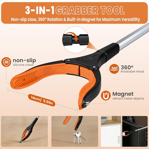 bemece 2-pack Grabber Reacher Tool, 32.68’’ (83cm) Garbage Picker Grabber, Foldable Magnetic Reacher Grabber for Seniors Adults - Blue & Orange