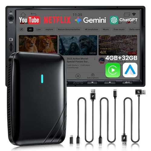 ATOTODIRECT CarPlay Wireless Android Auto AI Box Video Adapter 3 in 1 for OEM CP/AA Cable, Dual WiFi and Bluetooth IoT Hub, for Netflix/YouTube/TikTok/TF Card, DriveChat AI Voice, CB4B