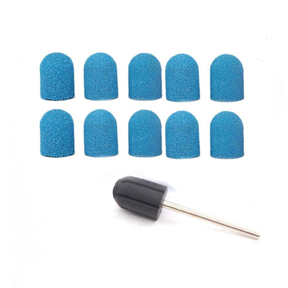 13mmx19mm Sanding Bands Caps Drum Mandrels Electric Nail Drill Polisher Sand Manicure Pedicure Tool(1 Mandrel+10 Sanding Cap - Blue)