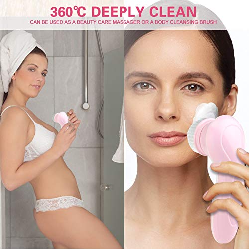 Facial Cleanser Brush, 3 in 1 Electric Rotating Facial Cleansing Brush USB Rechargeable Sonic Face Cleaners Scrubber SPA Skin Care Tool Beauty Instrument ((Pink)