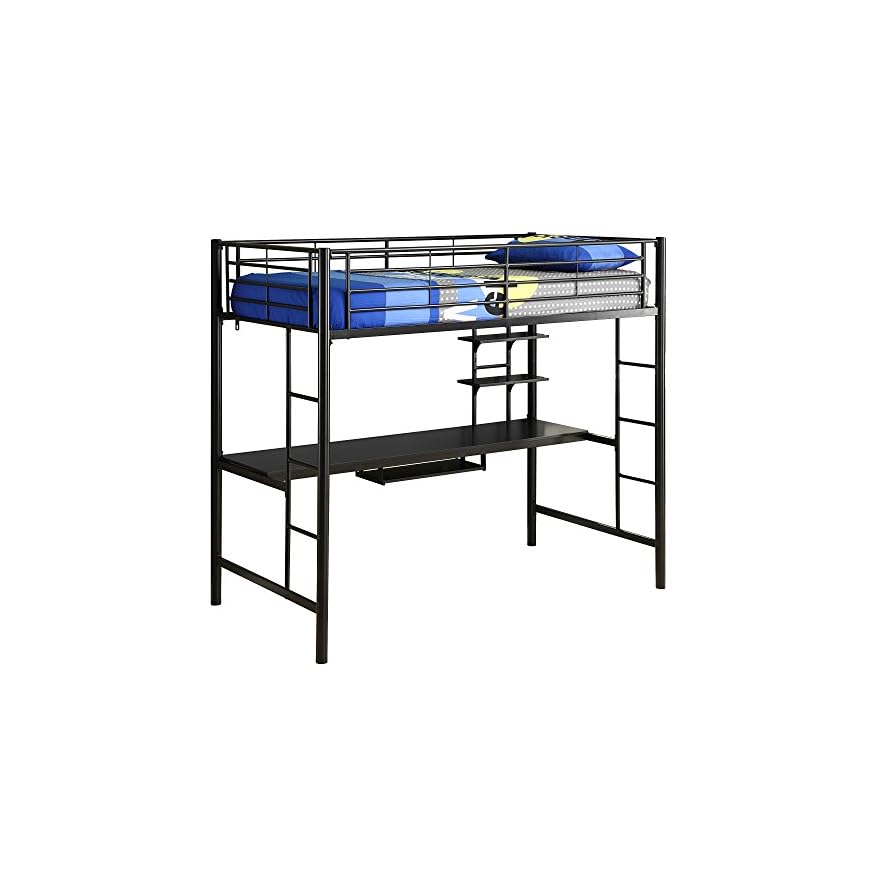 Twin over Workstation Metal Bunk Bed with Ladder, Black Ebony Finish