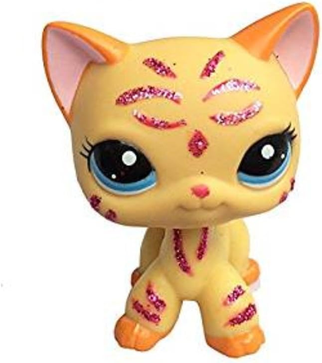 Yellow Cute Pet LPS Figurka Toy, Rare Littlest Pet Shop Cream Tan Brown Short Hair Cat Heart Face Cat