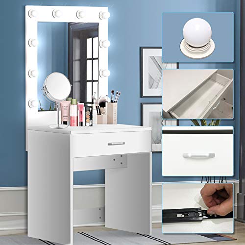 US Shipping Vanity Set with Lighted Mirror, YEEGO Makeup Vanity Dressing Table Dresser Writing Desk with Drawer for Bedroom Easy Assembly, White(10PCS Cool LED Bulbs) - Thumbnail 4