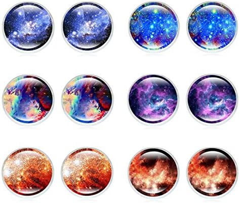 6 Pairs Womens Mens Universe Astronomy World Stud Earrings Pierced
