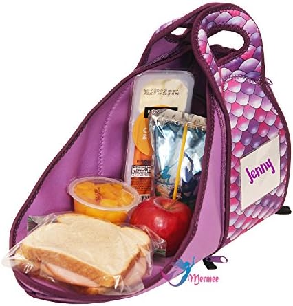 Girls Cute Lunch Tote Bag (Premium Insulation) Opens Into Table Mat | Machine Washable Premium Neoprene Material | Mermaid Style (Purple)