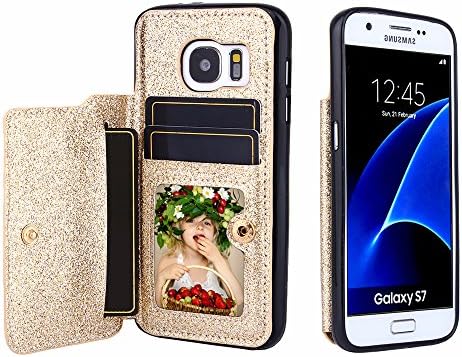 CSTOP ZOOM Series, Galaxy S7 Wallet Case, 2 ID Credit Card Slot, Cash Slot, Button Snap, Flip-Out Back Leather Drop Protection Case For Samsung Galaxy S7 - Glitter Gold