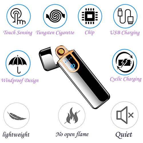 Electronic Cigarette Lighter, ATian Rechargeable Lighter Touch Ignition USB Charging Lighter,Windproof Plasma Lighter for Candle, Cigarette Power Indicator Flameless Boyfriends Gifts