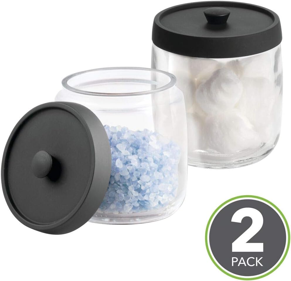 Amazon Com Mdesign Bathroom Vanity Glass Storage Organizer Canister Apothecary Jar For Cotton Swabs Rounds Balls Makeup Sponges Blenders Bath Salts 2 Pack Clear Matte Black Home Kitchen