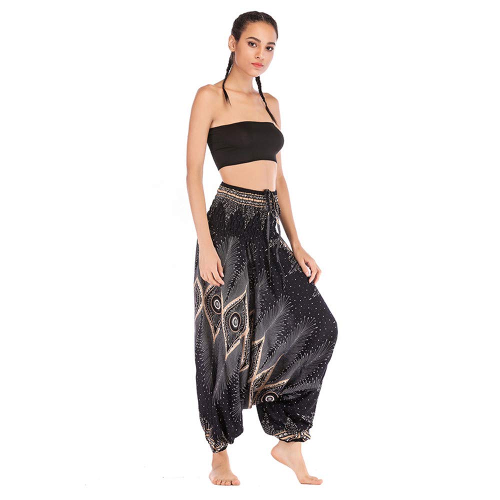 KEEYSUN Men Women Harem Trousers Boho Festival Hippy Smock High Waist Yoga Pants (Black, Free Size)