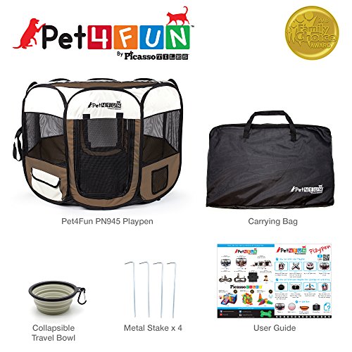 PicassoTiles PET4FUN PN935/PN945 Portable Pet Puppy Dog Cat Playpen Crates Kennel w/Water Resistant 600D Oxford, 210D Nylon, Carrying Bag, Collapsible Bowl, Removable Mesh Cover 2 Sizes