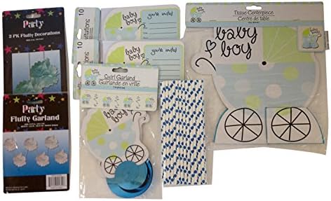 Baby Boy Shower Decoration Kit with – Centerpiece – Garland – Straws – Pom Poms – Invites for 20 Guests