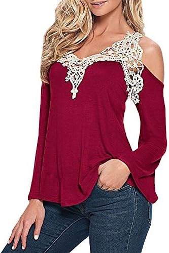 KAMA BRIDAL Women Off Shoulder Lace Crochet Long Sleeve Casual Blouse Tops