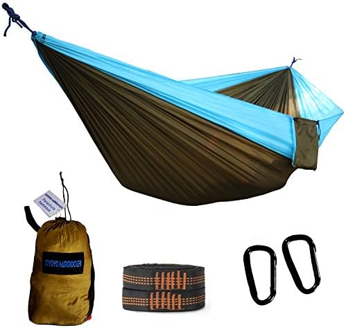 XiYoYo Nylon Parachute Double Camping Hammock with Easy Hanging Tree Straps and Carabiners Portable for Outdoor Travel Backpacking 118x78 inches 600lbs (Sky Blue/Brown)