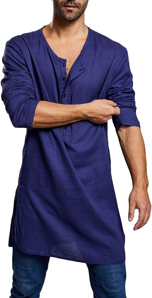 Mens Henley T Shirt Cotton Linen Nightshirt Long Sleeve Gown Islamic Muslim Robe Thobe Ethic Kaftan Summer Casual Shirts Tops
