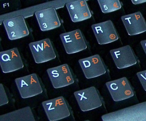 ENGLISH US INTERNATIONAL KEYBOARD STICKERS WITH ORANGE LETTERING ON TRANSPARENT BACKGROUND