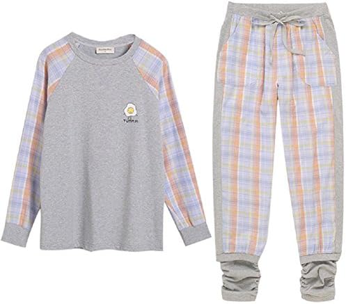 DMMSS Ladies' Bathrobe Long - sleeved Cotton Plaid Home Pajamas Comfortable 2-piece Pajamas Set , figure color , m