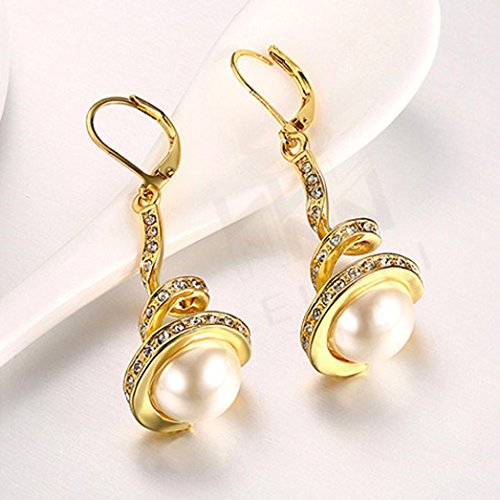 Gyoume Women's Earrings Pearl Studded Spiral Design Zircon Hoop Drop Earrings Jewelry Party Earring (Gold)