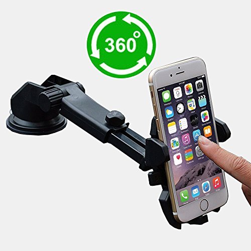 Smart Phone Car Mount Holder With Quick Release Sucker Long Arm Universal Windshield Dashboard Secure Cell Phone Holder with Adjustable Grips Fits Iphone 5 7 6s plus Galaxy S6 S5 Phones 3-6.5inch