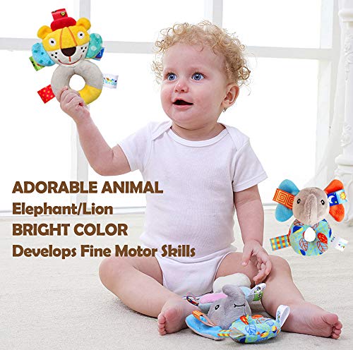 Baby Soft Rattle Toy - Grab, Hold and Shake Toy - Sensory, Early Educational Developmental Toy Cute Stuffed Animal Elephant with Sound for 0 3 6 9 12 Months Old Newborn (2 Pack)