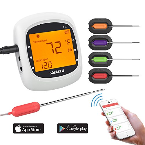 Wireless Meat Thermometer for Grilling, Bluetooth Remote Thermometer Digital Cooking Thermometer with 4 Probes, Alarm Monitor for BBQ Smoker Oven Kitchen,Support IOS & Android