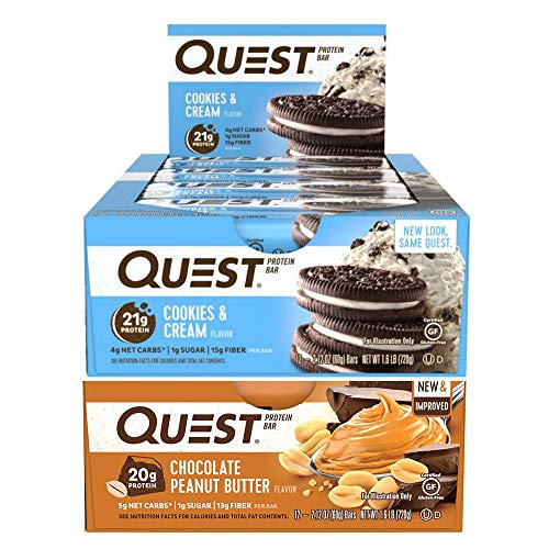 Quest Nutrition Protein Bar PB Cookie Mix-Up (Cookies + Cream and Chocolate Peanut Butter). Low Carb Meal Replacement Bar w/ 20g+ Protein. High Fiber, Soy-Free, Gluten-Free (24 Count)