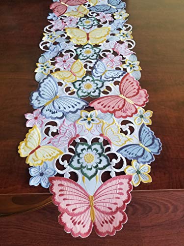 GRANDDECO Spring Easter Butterfly Table Runner,Applique Floral Butterfly Cutwork Embroidered Table Linen, Home Kitchen Dining Tabletop Decoration, Runner 13"×68"（33x172cm）, Spring Color - Thumbnail 2