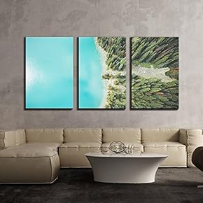 3 Piece Canvas Wall Art - Eagle Eye View of Beautiful Scenery with Lake and Trees - Modern Home Art Stretched and Framed Ready to Hang - 16"x24"x3 Panels