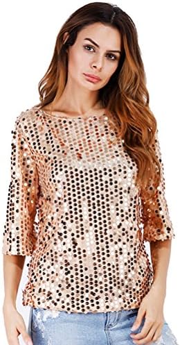 AiseBeau Women Multi-color Round Collar Middle Sleeve Sequins Pullover Blouse