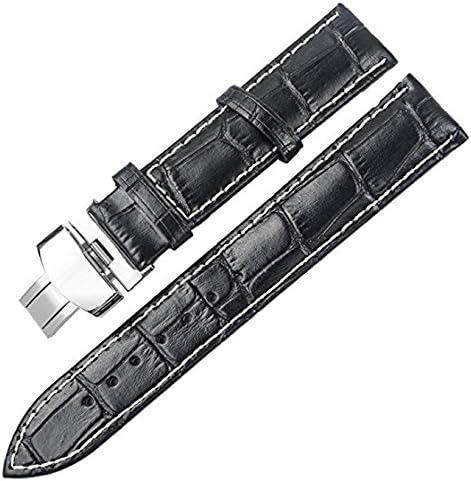 TON CHARME Calf Leather Watchband with Butterfly Deployment Clasp Black/Brown/Light Brown 18/20/22mm (20mm, Black×White Stitching)