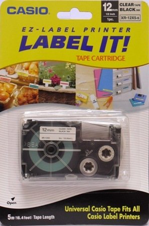 Brand New Casio Universal Label Tape- 12mm Black Ink on Clear Tape. FITS ALL CASIO LABEL PRINTERS!