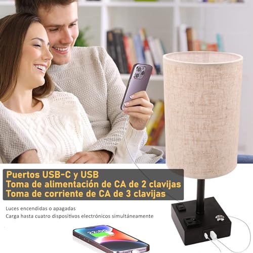 LONGLIV 2 Pcs Lampara de Buró, Lámpara de Mesita de Control Táctil, Lámpara de Mesita de Noche, Brillo de 3 Niveles, con Puerto USB, Puerto Type-C y 2 Toma de Corriente (Bombilla LED Incluida) (2)