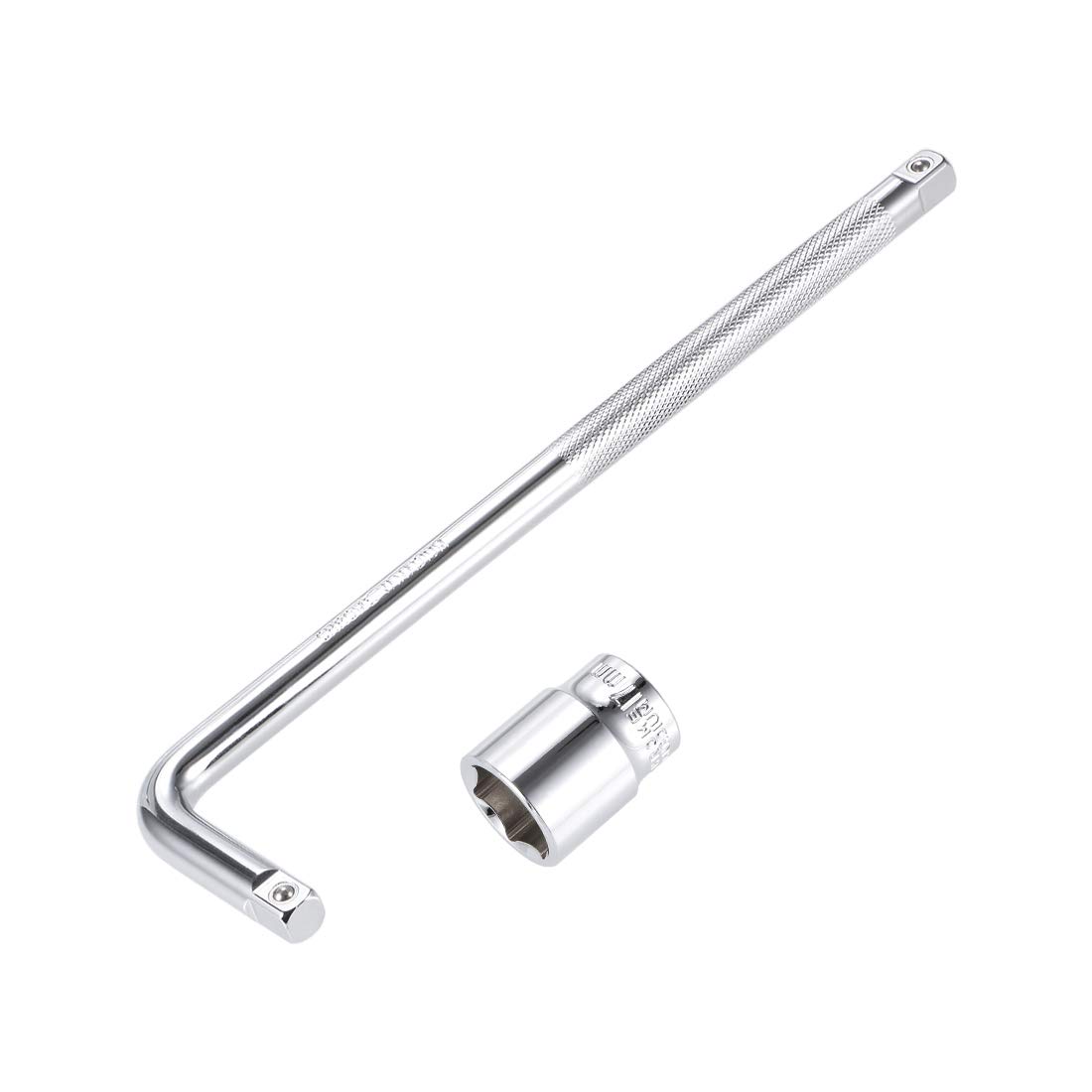 sourcing map Socket Accessory Set of 2 Pcs, 17mm 6-Point Shallow Socket 10" L-Shape Extension Handle with 3/8" Drive
