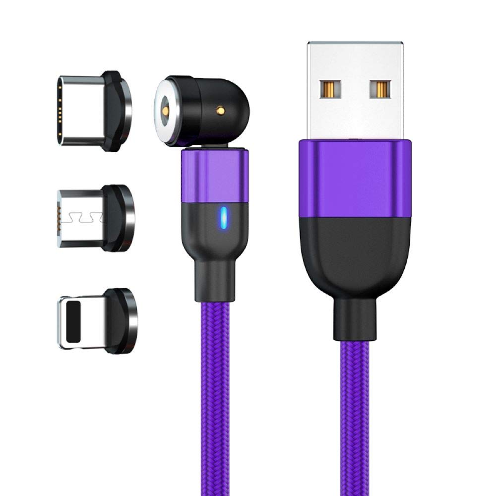 JJA Magnetic Charging Cable, 3 in 1 Micro USB, Type C, i/connector, Android Smart Phones, Rotating, Fast Charger, Made with Visibility LED & Strong Nylon Braided (1 Meter Purple)