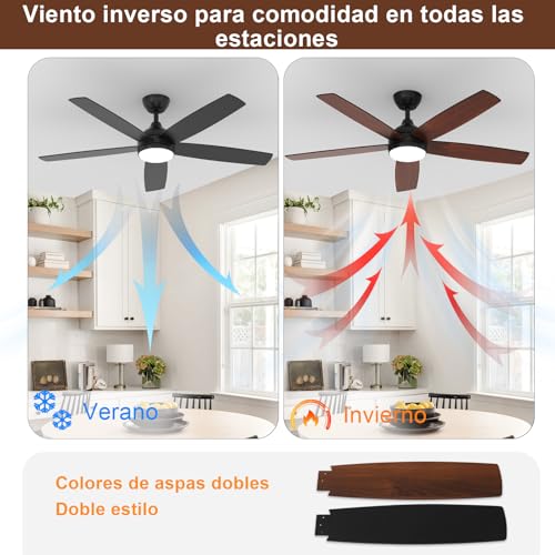 Dorlink Ceiling Fan Lamp with Control, Ø132 cm, 6 Speeds, Timer, 34 W DC Motor, Summer-Winter Function, Quiet, Fan Lamp for Indoor Bedroom, Walnut/Black