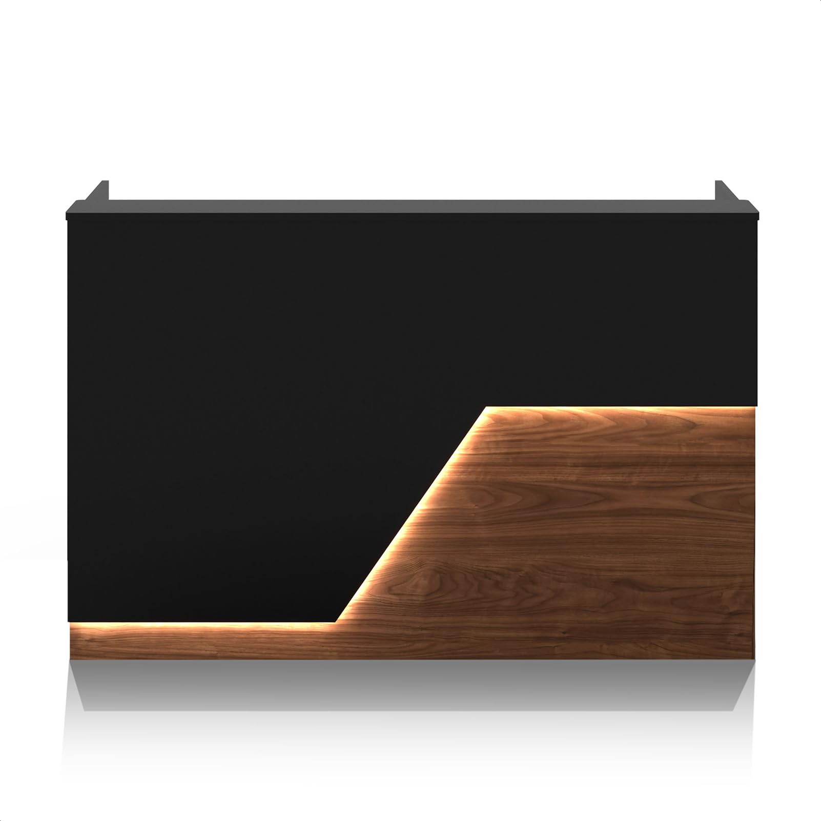 Photo 1 of YTElantivo 63" Modern Reception Desk with Counter LED Light,Front Desk Reception Counter with Cable Grommet, Office Receptionist Desks for Salon, Retail, Checkout (Black & Brown, 63 * 24 * 41IN)