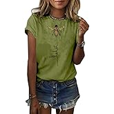 Pfvkeree Womens Cute Bee Graphic Tee Shirts Short Sleeve Let It Bee Funny Letter Print Summer T-Shirt Tops