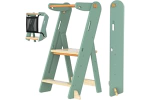 GROWNSY Foldable Step Stool Toddler Tower, Toddler Kitchen Stool Helper, Collapsible Kids Standing Tower with 3 Adjustable Heights and Safety Net for Kitchen Bathroom Sink Counter (Green)