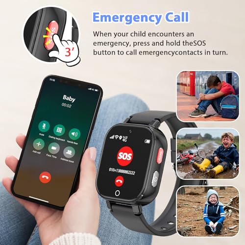 4G Children's Smartwatch with Video Call, GPS, SOS, Voice Chat, IP68 Waterproof, School Mode, Pedometer, Alarm Clock, Educational Games, Children's Watch Gift for Boys and Girls 4-12 Years (Black-8A)