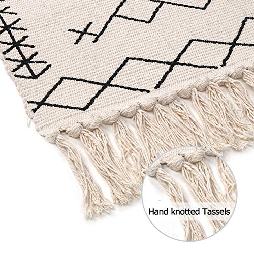 Boho Rug Runner 2' x 3', Black White Bathroom Rug, Farmhouse Cotton