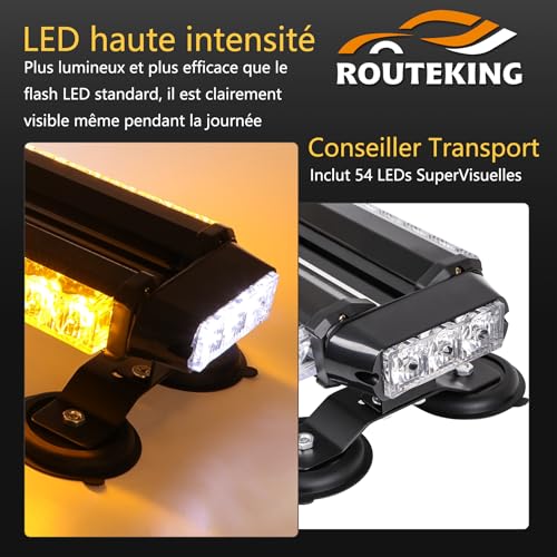 ROUTEKING 67cm 54 LED Strobe Light Bar Double Sided Flashing High Intensity Automotive Warning Emergency Flashing LED Bar with Magnetic Base (Amber/White/Amber/White)