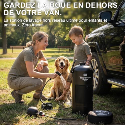 Tadomoe 20L Portable Solar Camping Shower with Foot Pump & Hose 2 m – Foldable Outdoor Shower Bag with Shower Head and Bag – Ideal for Travel, Van, Beach, Dog and Garden